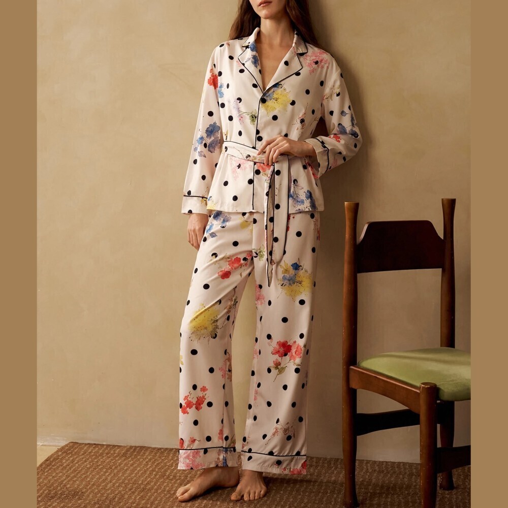 Cream Polka Dot Floral Print Lapel Collar Long Sleeve Pajama Set
